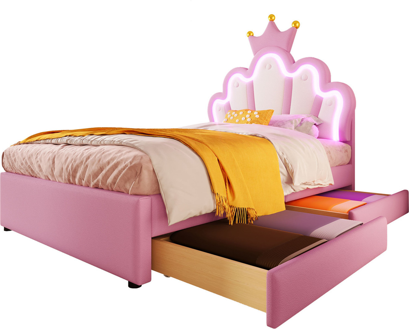 Polsterbett,Kinderbett(Pink)Ferngesteuertes Ambientelicht, Bett mit 2 Schubladen, Prinzessinnenbett in Kronenform, Verstellbares Kopfteil,PU