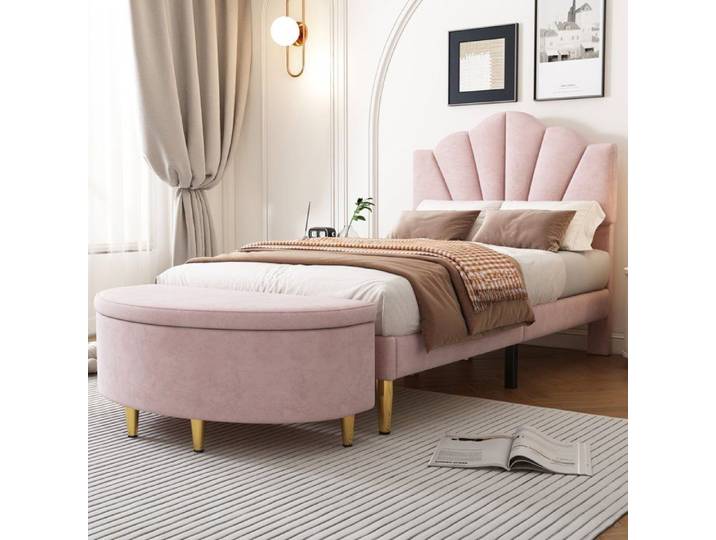 Lit coffre 90x200 cm velours rose dimensions totales 95x205x130 cm charge max 150 kg montage facile en 25 minutes 2 colis