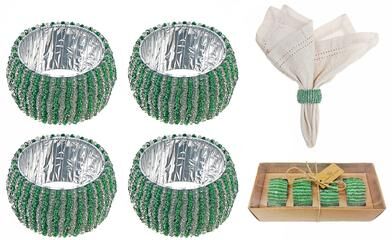 IH Casa Decor 4PC Beaded Napkin Ring With Craft Box Green & Silver