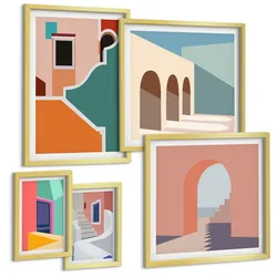 BILDER SET 5er Set - 50x50 cm & 20x30 cm & 40x60 cm Goldrahmen - Farbenfrohe moderne Gebäude