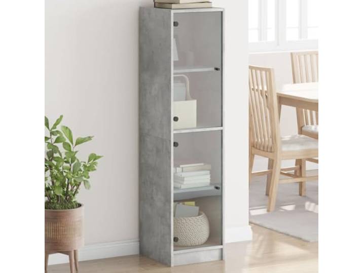 Elegantes Highboard mit Glastüren und Stauraum aus Holzwerkstoff, Modernes Highboard mit Glastüren für die Einrichtung, mit für Wohnzimmer in Betongrau 35x37x142 cm