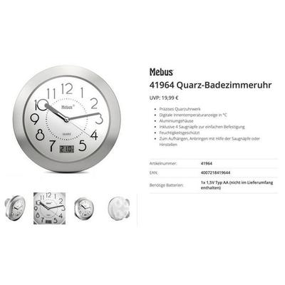 Mebus 41964 Quarz Wanduhr Aluminium Badezimmer-/Feuchtraum geeignet
