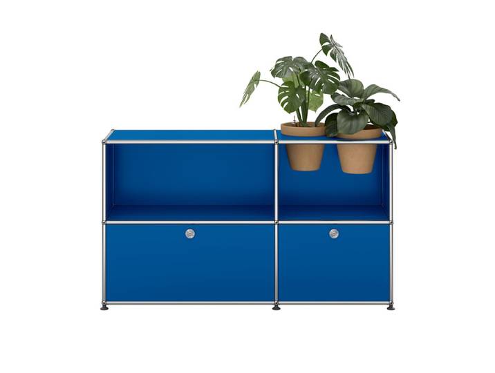 USM Haller TV-Board M57 blau enzianblau 2-fach breit 2 Fächer Klapptüren Pflanztöpfe Terrakotta o 127.3x74x37.5 cm