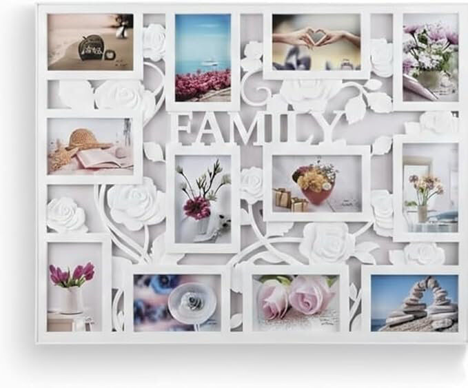 Lily Manor Rectangle 'Family' Text Photo Frame 12 Picture Collage Rose Floral Entwined Design Wall Mounted 6 x 4'' Apertures Plastic Home Decor Memories Display White