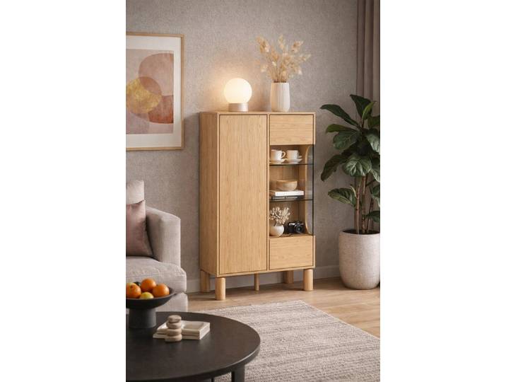 yourhouse24 Standvitrine Moderne SANDEN 3 in Bookmatch-Holzoptik – Inklusive LED-Beleuchtung