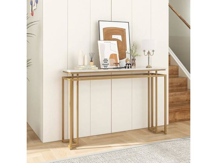 GIANTEX Console Meuble Entrée- Imprimée Marbre Doré- 120x 30x 81 CM- Table Console Scandinave pour Salon/Couloir- Cadre en Métal