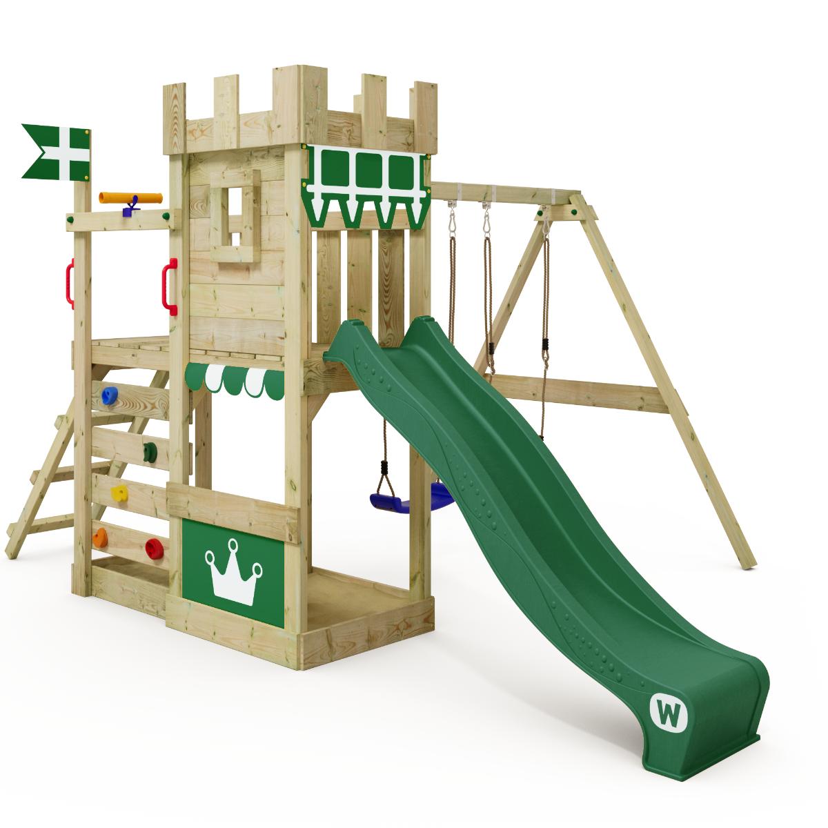 Spielturm RoyalFlyer mit Wellenrutsche, Sandkasten, Kletterwand und Schaukelanbau - Stabiler Kinderspielplatz aus Massivholz für den Garten - Wickey