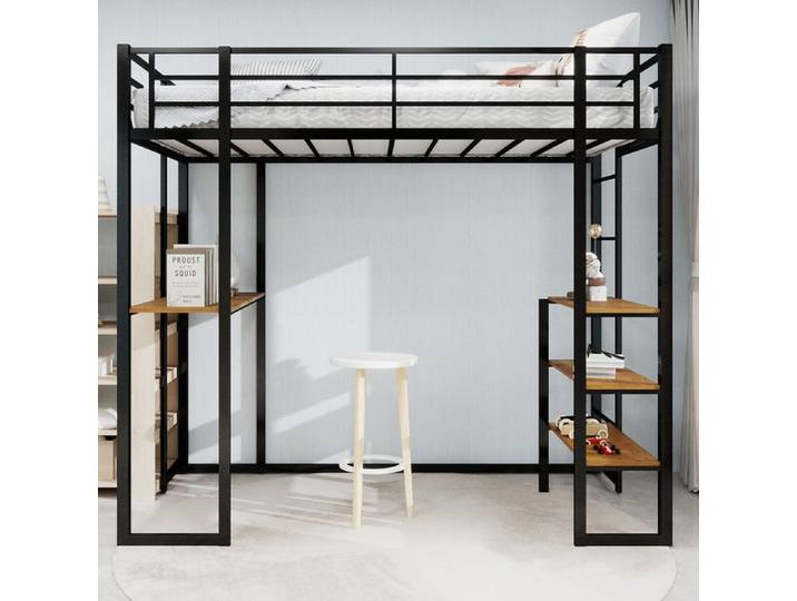 Lit Mezzanine Enfant avec Bureau en Forme de L Lit à Ossature de Fer avec Balustrade et Escalier Cadre de lit Mezzanine Noir