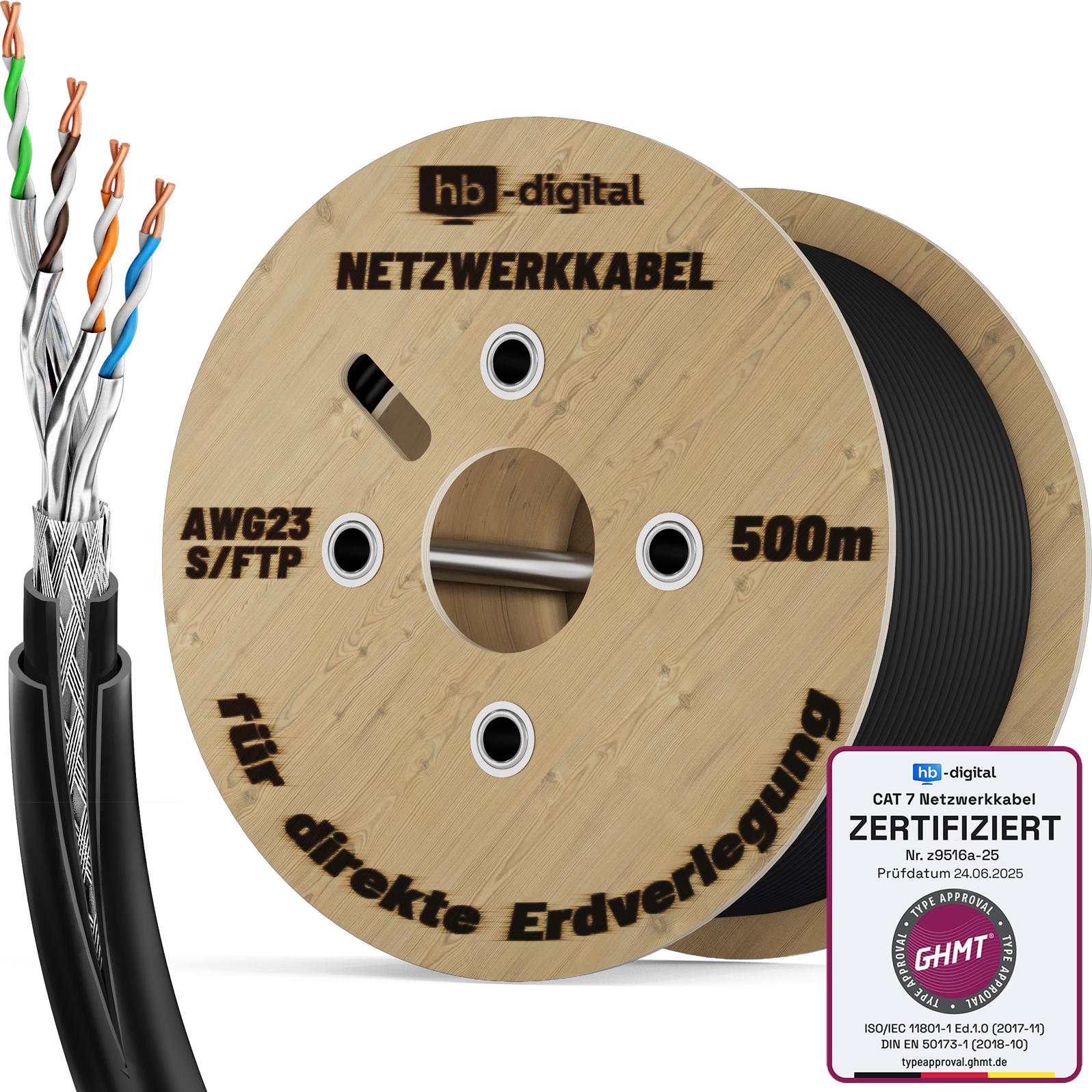 hb-digital CAT 7 Erdverlegekabel Doppelmantel S/FTP PVC + LLDPE AWG23 Außenbereich 500m