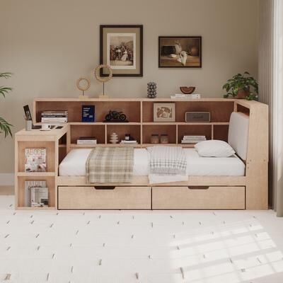 Unbranded L-shaped Wooden Daybed with Desk and Storage Bookcase and LED Light for for Bedroom Living Room