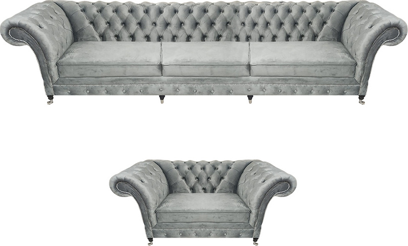 Grau Sofa Dreisitze Set Wohnzimmer Sessel Einrichtung Polstermöbel Chesterfield