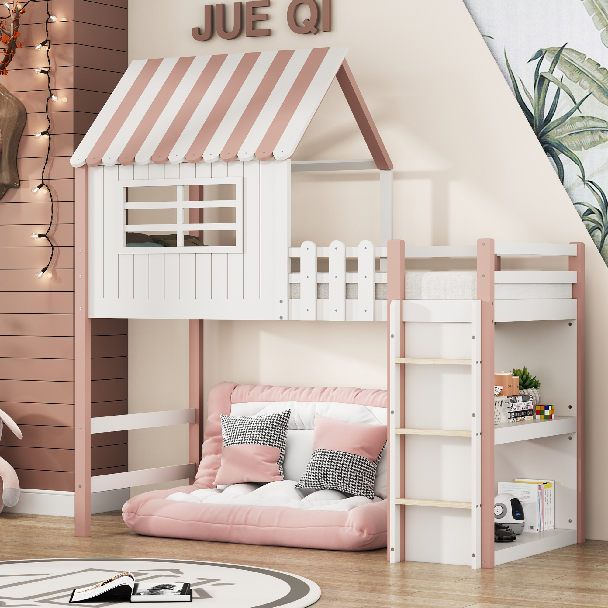 MODFU Etagenbett Hochbett mit Ablagefach und Leiter, Kinderbett mit Rausfallschutz und Lattenrost, Massivholzbett Jugendbett mit Dachform und Fenster, Rosa(ohne Matratze)