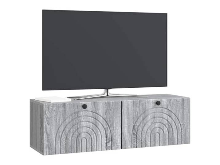 GKHPYURE TV-Schrank zur Wandmontage, Sonoma-Grau, 98 x 31 x 30 cm Engineered Holz, 2 Türen 90 Grad, schwarze Griffe, anpassbare Installation