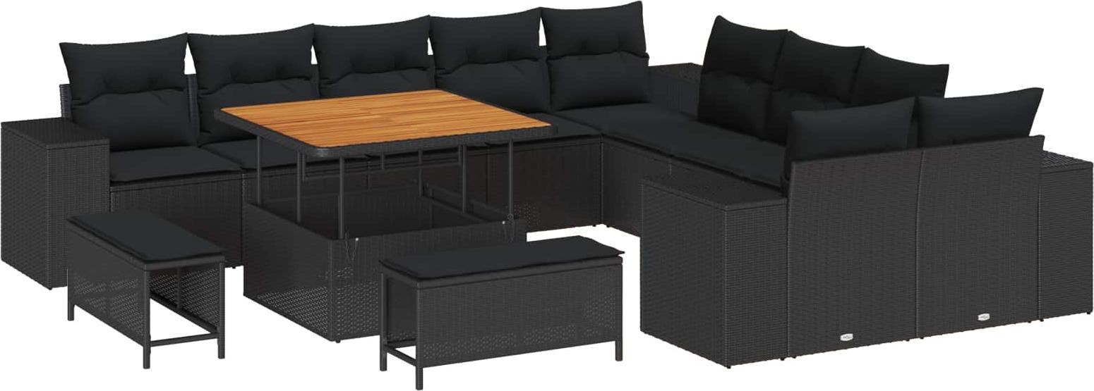 Modulares Garten-Sofa-Set, 13-teilig, Poly-Rattan & Akazienholz, Schwarz, UV-beständig, Wetterfest, Höhenverstellbarer Tisch, 12 Sitzplätze