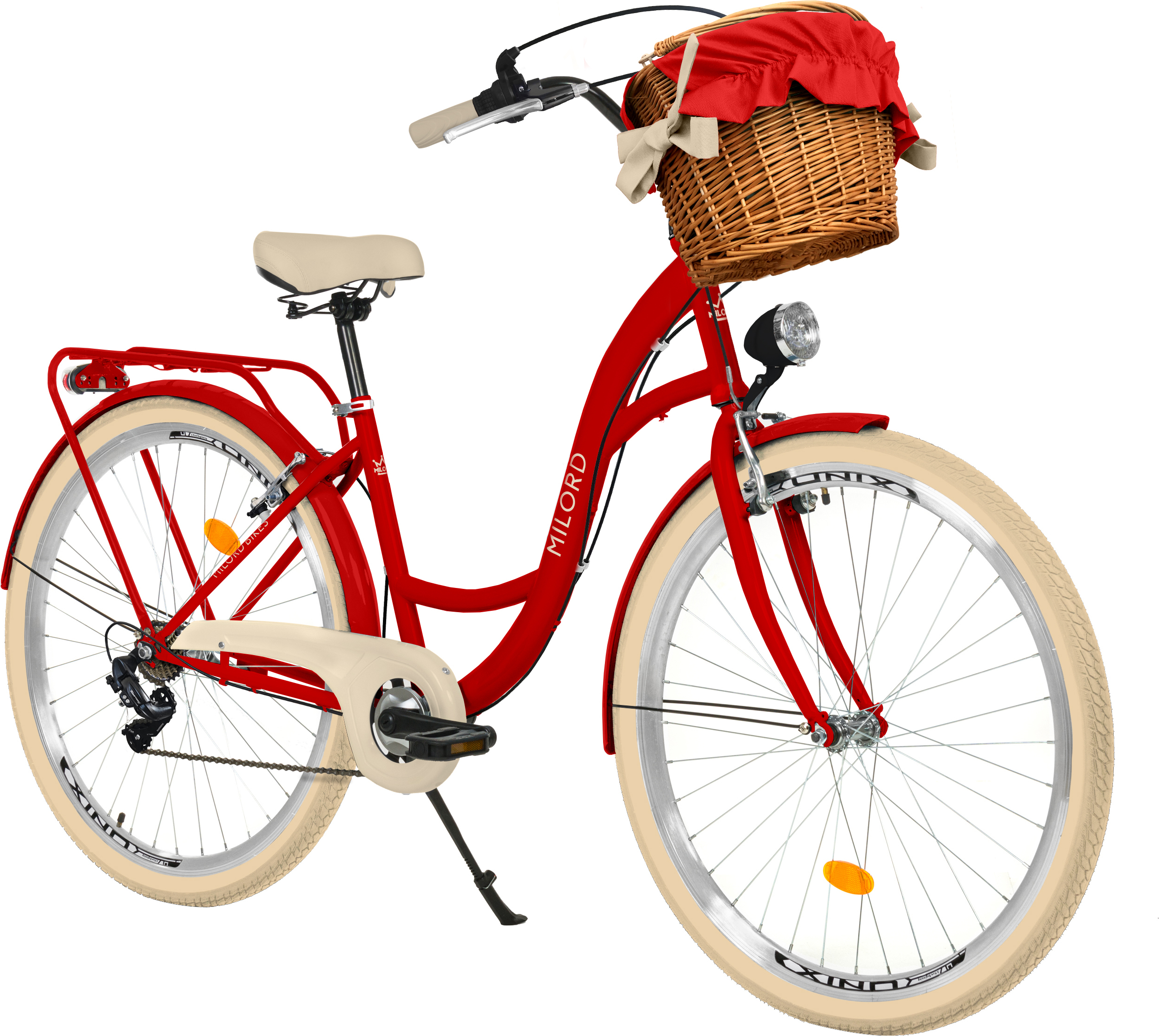 Milord Komfort Fahrrad Mit Weidenkorb Damenfahrrad, 28 Zoll, Rot, 7 Gang Shimano