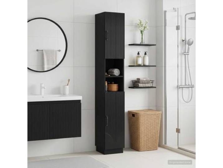 YUTAASU Badschrank Mit Offenem Regal HOORN Schwarz Feuchtigkeitsbestaendiger Holzwerkstoff, Umkehrbare Tuer, Platzsparend, Einfache Pflege