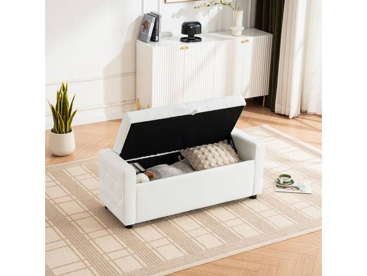 Banc Coffre Rectangulaire Blanc Capitonné en Similicuir - Assise Rembourrée Mousse Épaisse - Design Élégant pour Chambre & Entrée