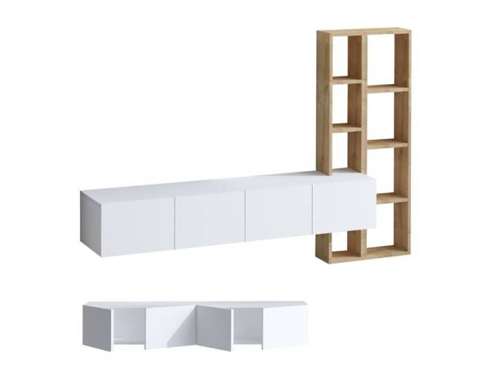CALICOSY - Meuble TV suspendu 4 portes blanc et étagère chêne L182 cm - PANA - Blanc