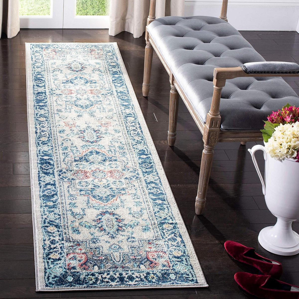 Traditioneel Oosters Vloerkleed - Blauw, Grijs en Crème - 62 x 240 cm