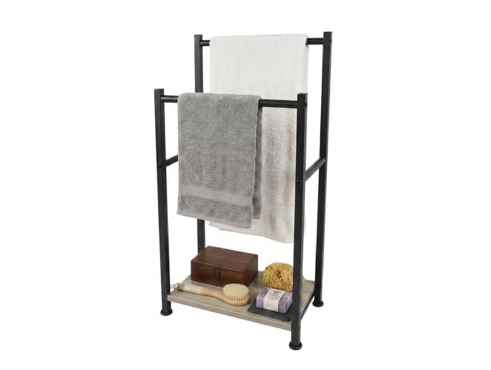 Relaxdays Porte-serviettes avec tablette\, HxLxP: 80x42x24 cm\, noir/gris 2 tringles\, porte-serviettes sur pied\, MDF et métal