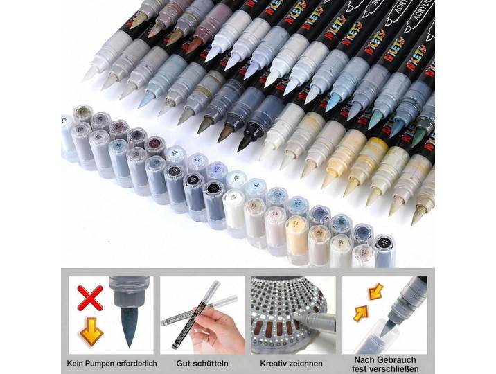 Acrylstifte 32er Set Grau Pinselspitze Wasserfest, Kunststoff, 21x3.5x14.5 cm, Dekoration, Malbedarf & Bastelbedarf