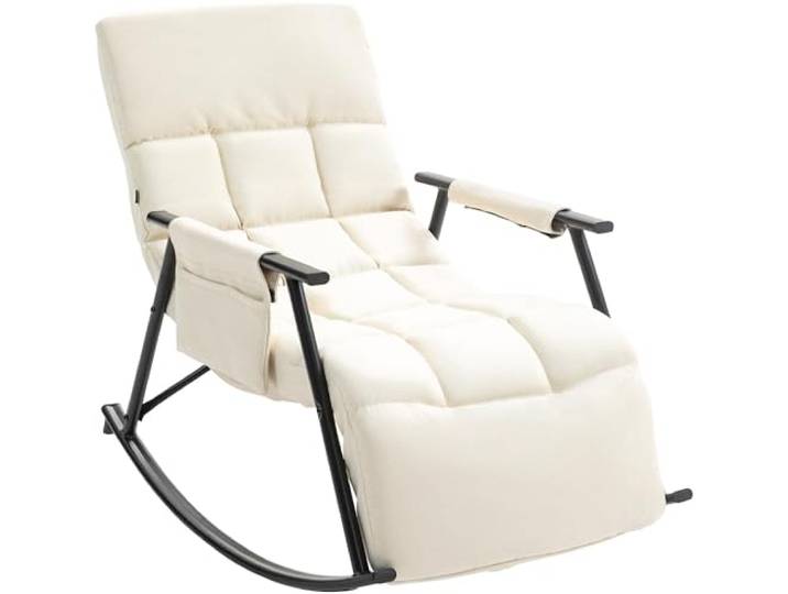 CLP Schaukelstuhl Cathy I Gepolsterter Relaxsessel I Schaukelsessel mit Rückenlehne I Metallgestell mit Armlehnen und Seitentasche Farbe Creme Material Stoff