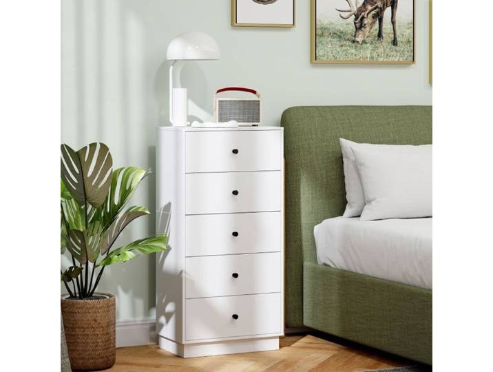 Commode 5 Tiroirs avec Anti-Basculement - YEAVIO - Moderne pour Chambre Salon Entrée Bois 47×29×95 cm Blanc