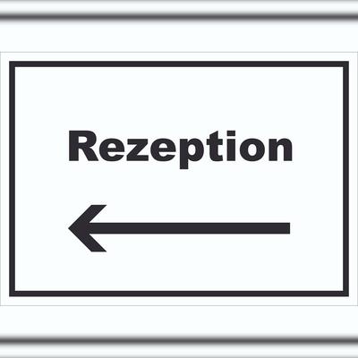 HB-Druck Rezeption Schild mit Text und Richtungspfeil links Anmeldung Eingang waagerecht A2 (420x594mm)