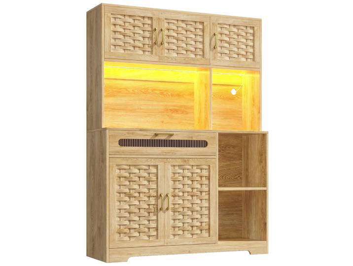 HIGHBOARD Holzoptik Natur mit LED & Geflochtenen Glastüren