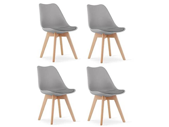 NMK HOME Esszimmerstühle Kunststoff Sitz Holzbeine Grau 4er Set kunstlederpolster, pflegeleicht, elegant, ergonomisch, stabil, skandinavisches Design