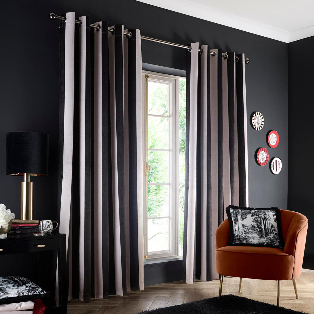 Laurence Llewelyn-Bowen Festivo Stripe Eyelet Curtains Black Black 229cm Width x 229cm Drop