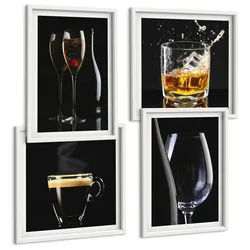 BILDER SET 4er Set - 50x50 cm & 40x60 cm Weißer Rahmen - Whisky, Wein, Champagner, Kaffee, Alkohol