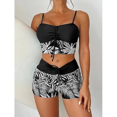 Damen Badeanzug Bikini Zweiteilig Shorts Bademode Schlank Rückenfrei Urlaub Strandbekleidung V Ausschnitt Ärmellos Badeanzüge