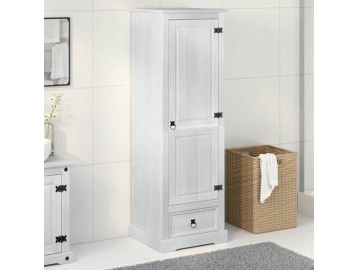Molumvel Massiver Kiefernholz Kleiderschrank, Weiß, 55 x 50 x 170 Rustikales Design, Integrierte Schublade & Ablage, Robuste Konstruktion