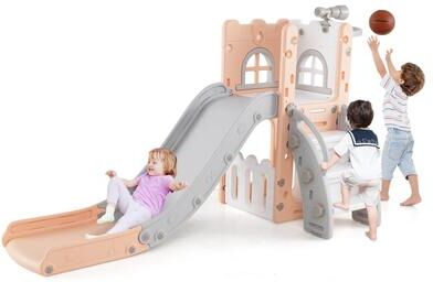 6-in-1 Indoor Toddler Slide Playset w/Basketball Hoop Telescope & More