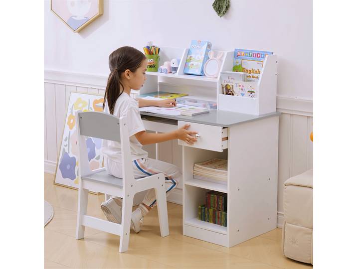 ZONEKIZ Bureau Enfant Gris avec Chaise, Tiroir, Étagères 90x45x90cm