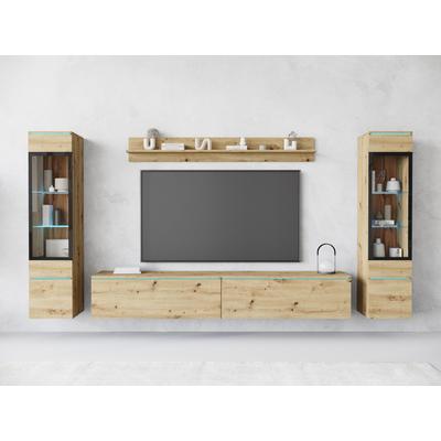 Wohnwand HOME AFFAIRE "VERA II", braun (eichefarben artisan), B:260cm H:130cm T:33cm, Kastenmöbel-Sets, Wohnwand, Vitrine mit Verglasung, stehend und hängend, inklusive Beleuchtung, Topseller