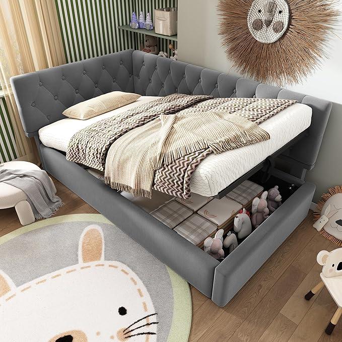 Boxspringbett Eckbett Rosa, 90x190 cm, Polsterbett Bett mit hydraulischem Stauraum, Bettgestell mit Lattenrost aus Holz, Einzelbett Samt (Grau)