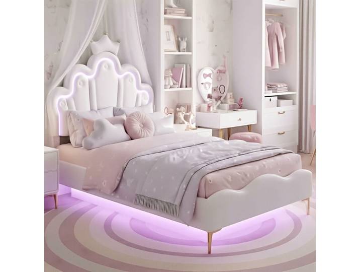 Lit Enfant 90x200cm - LED RGB & Couronne - Tête de lit réglable - Design Princesse - Simili Cuir Blanc