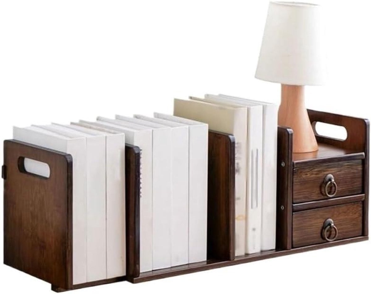 Uitbreidbare Desktop Boekenplank Organizer voor Thuis of Kantoor, Walnootkleur, Breedte: 50-80 cm