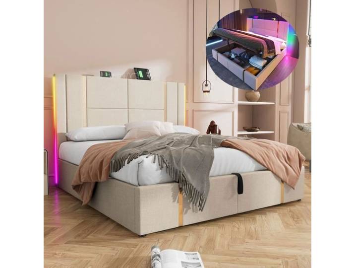 Lit coffre 160x200 - LED - Rangement - Beige