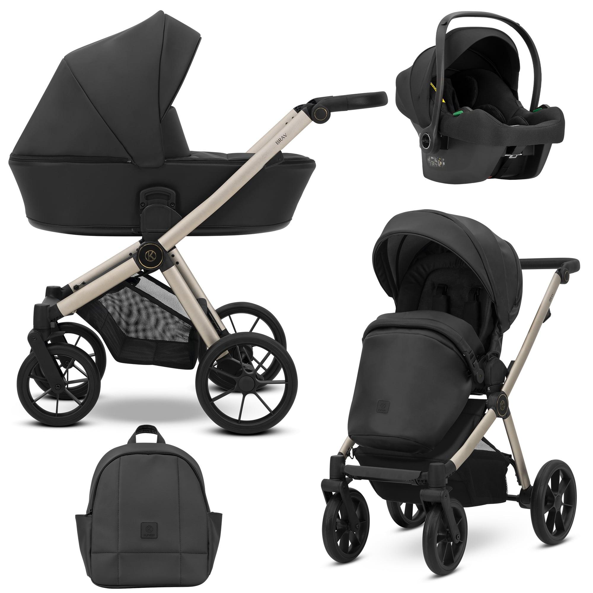Kunert Brav 3-in-1 Kombikinderwagen Black Eco mit Babyschale, Champagner-Rahmen