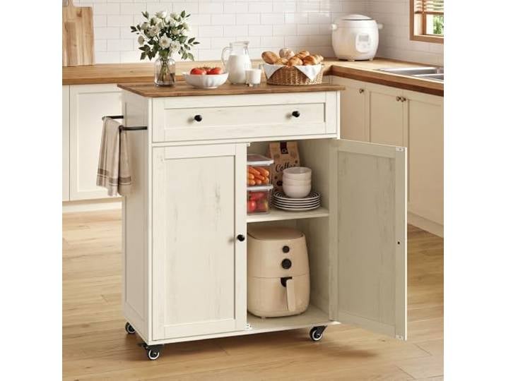 VASAGLE Küchenschrank, Küchenwagen mit Arbeitsplatte, Rollen, Schublade Kücheninsel, Landhausstil, verstellbare Ablage, wolkenweiß-honigbraun, SIREN Kollektion KKI009WJ01
