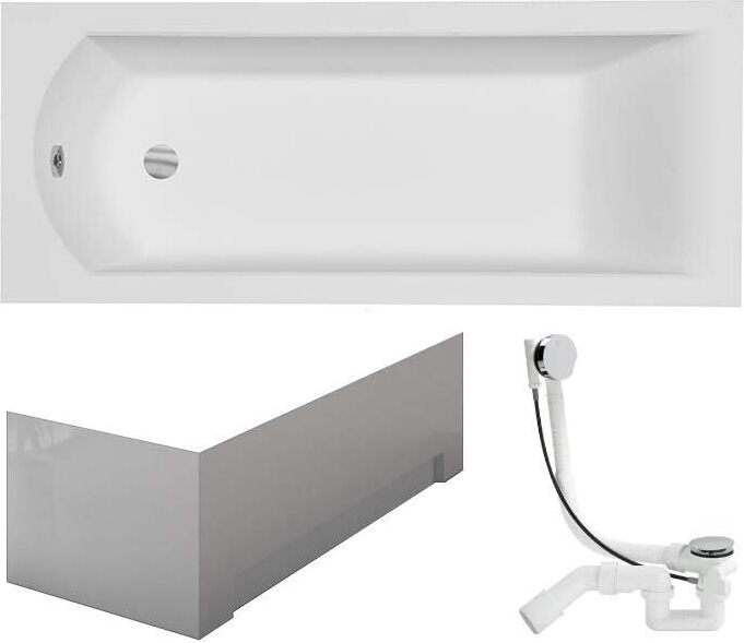 VBChome Badewanne 160x70 cm Acryl SET Schürze Siphon Wanne Rechteck Weiß Design Modern Ablaufgarnitur in Chrom Viega Simplex