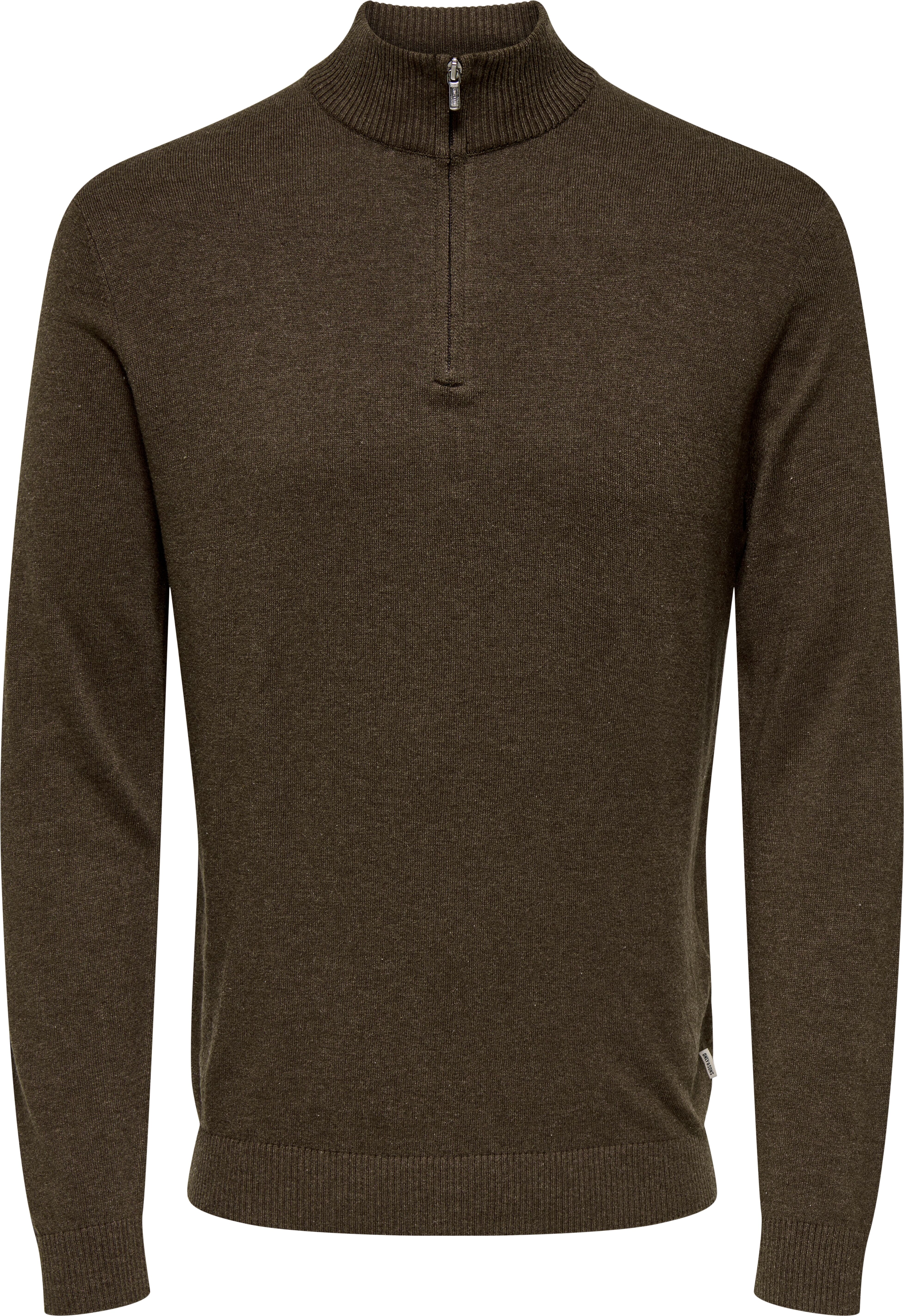 Troyer ONLY & SONS "ONSLOUI REG 12 MEL HALF ZIP KNIT NOOS", Herren, Gr. XXL, braun (coffee bean detail:melange), Strick, Obermaterial: 60% Baumwolle, 20% Nylon, 20% Viskose, meliert, regular fit, Rippbündchen, Pullover Troyer coffee bean detail:melange XX