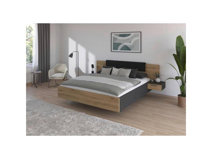 Rauch Möbel Bettanlage, Grau, Eiche Artisan, 180x200 cm, hängend, Schlafzimmer, Betten