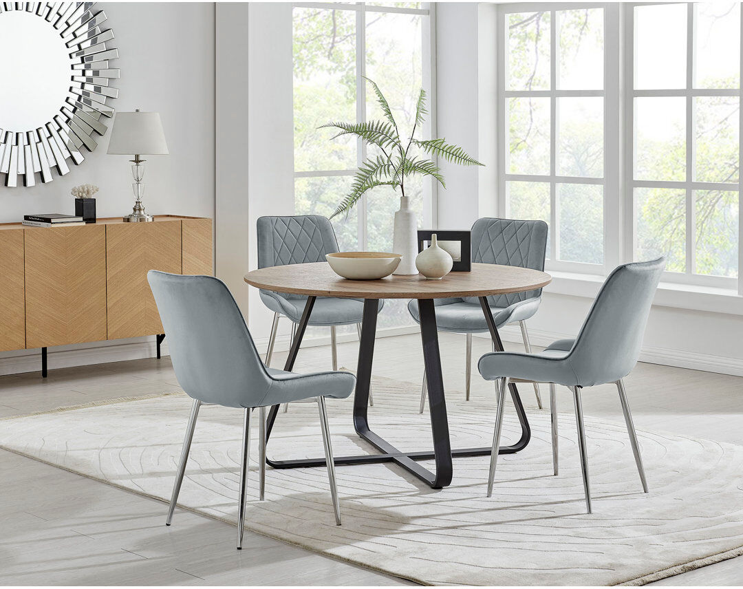Fairmont Park Venedocia Round Wood Effect Dining Table & 4 Luxury Velvet Dining Chairs Grey/Silver 4