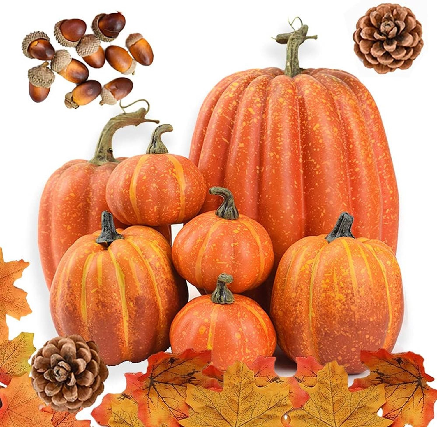 Herfstdecoratieset met grote kunstpompoenen, kunstmatige bladeren, dennenappels en eikels van ShopVlot