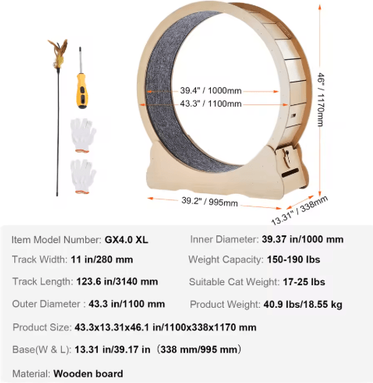 Inspire Picks Large Wooden Cat Exercise Wheel With Detachable Carpet & Teaser Toy 43.3inch Wood