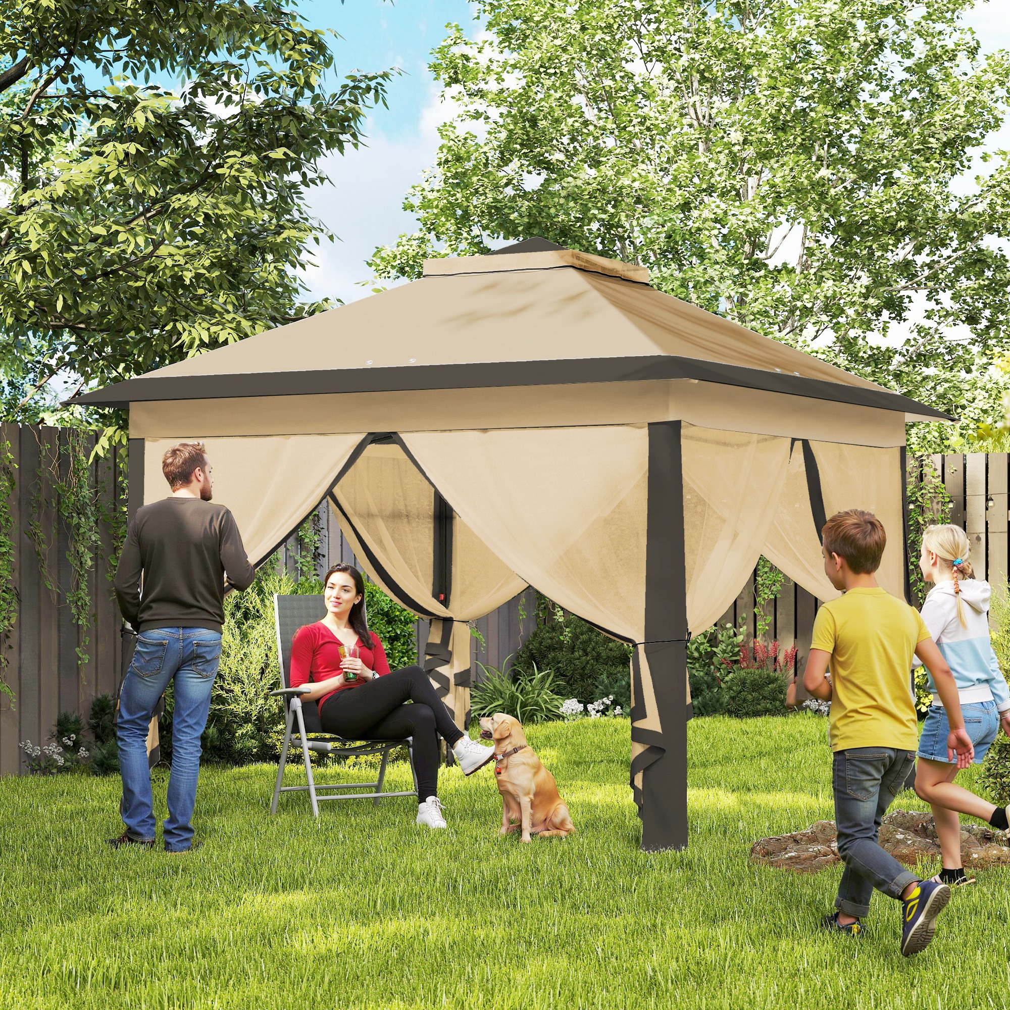 Outsunny Gazebo Pieghevole con Zanzariera e Doppio Tettuccio, 330x330x288cm, Beige Aosom